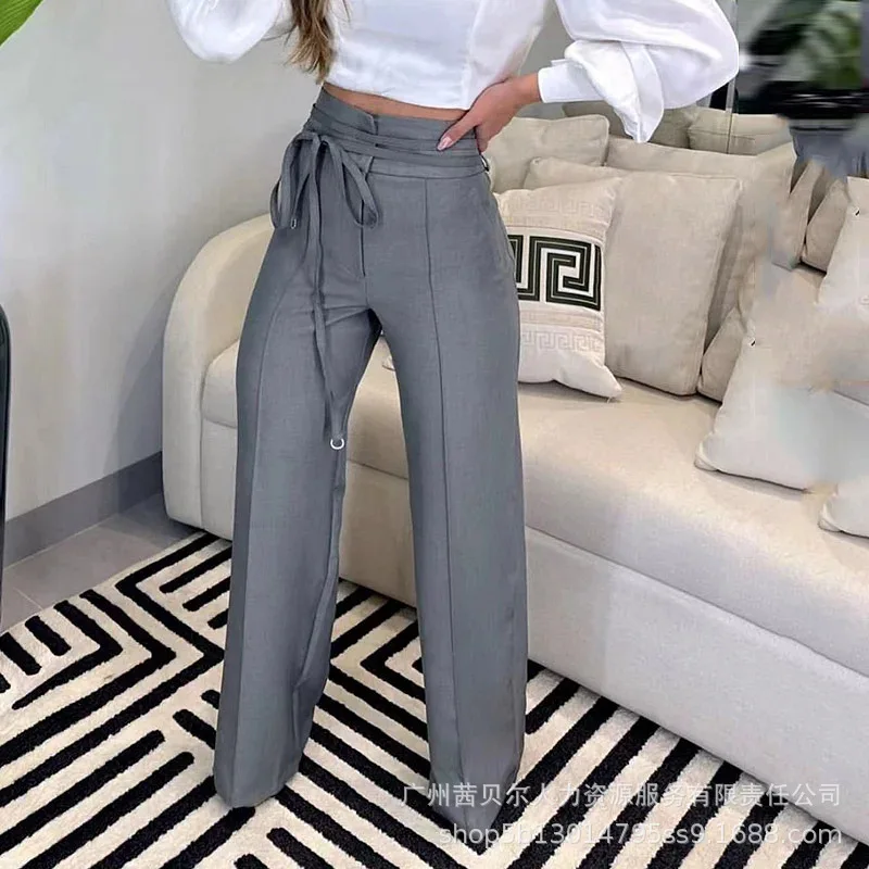 Womens Pants 2023 New Grey High Waist Strap Casual Commuter Suit Pants for Women