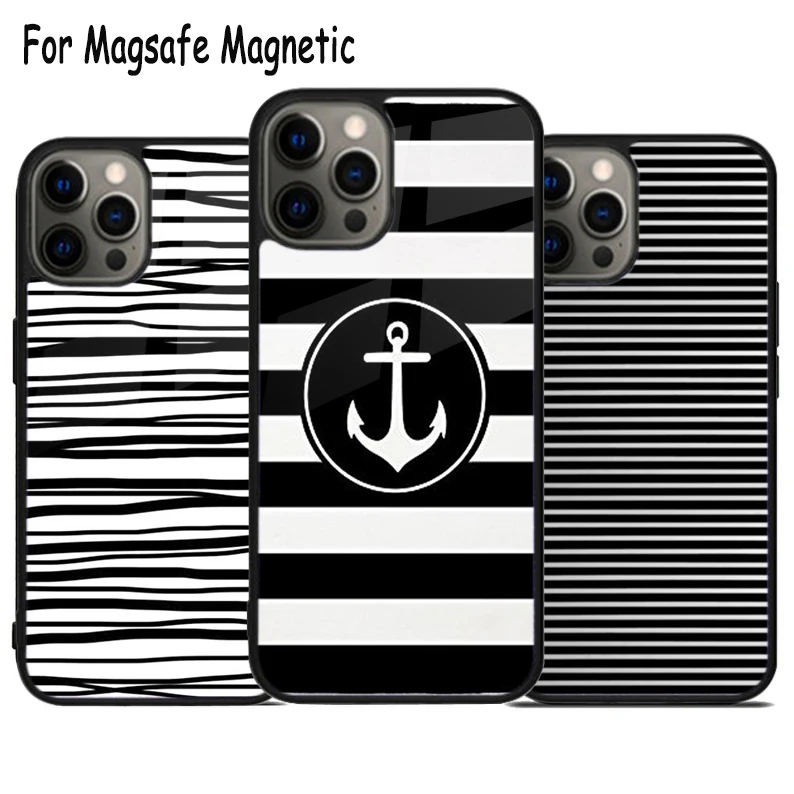

Чехол Magsafe для iPhone 15 16 14 13 11 12 Pro Max Plus, Магнитный чехол-бампер с беспроводной зарядкой, в черно-белую полоску