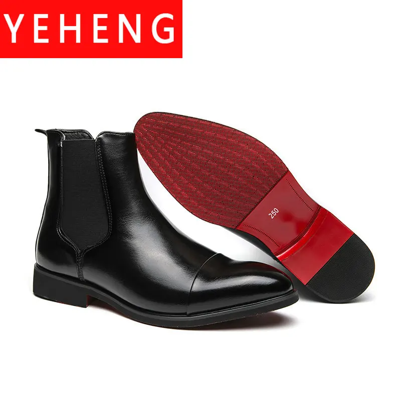 2024 New Red Sole Chelsea Boots for Men Black Business Pointed Toe Leather Shoes Men Fashion England Short Boots  Free Shipping