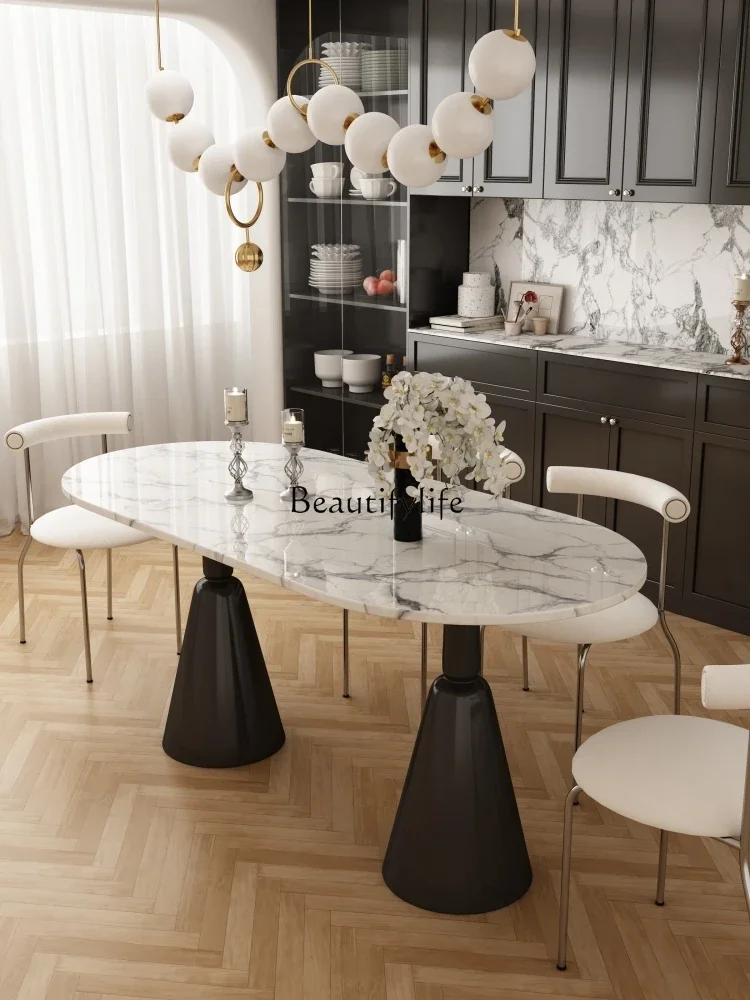 French marble dining table light luxury holy grail legs big white retro oval cream style dining table