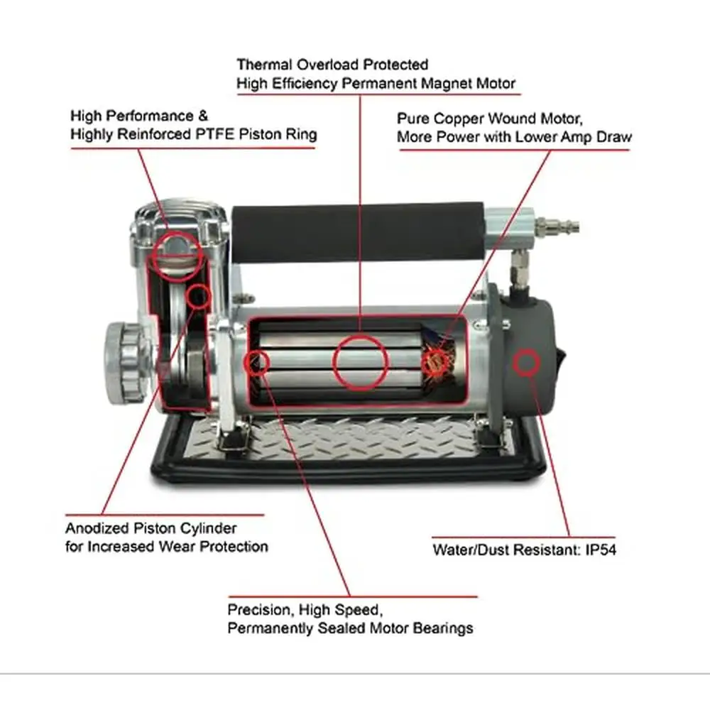 Portable RV Air Compressor Inflator Gun 12V 150 PSI Chuck Hose Bag Tips Adapter Overload Protector Waterproof IP54 Trusted Brand