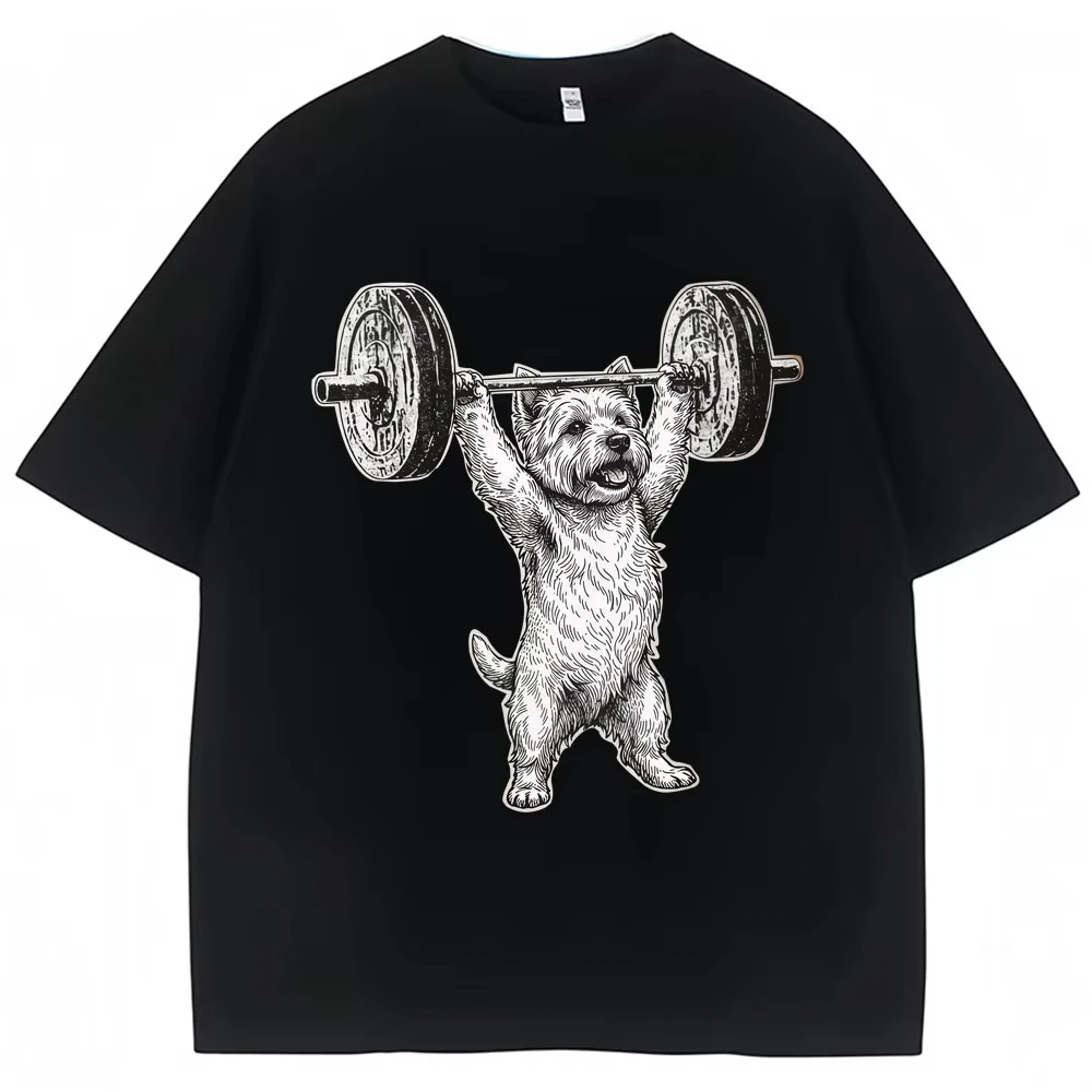 Funny Westie Overhead Press Workout Graphic T Shirt Men Women Cute Kawaii Gym T-shirts Oversized Cotton Casual T Shirts Gifts