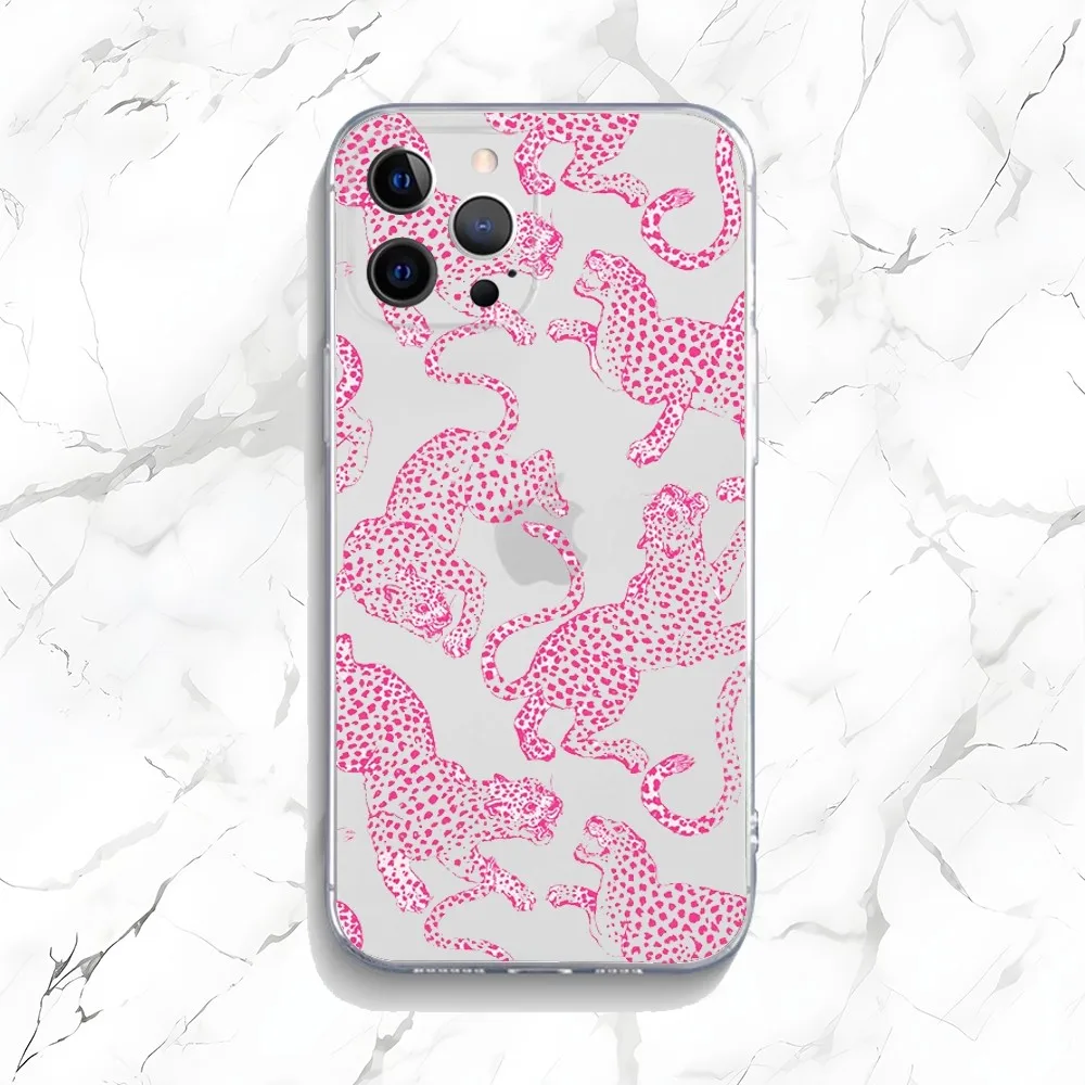 Pink Leopard Pattern Phone Case For iPhone 15,14,13,12,11 Plus,Pro,Max,XR,XS,X,7,8 Plus,SE,Mini Transparent Silicone Soft