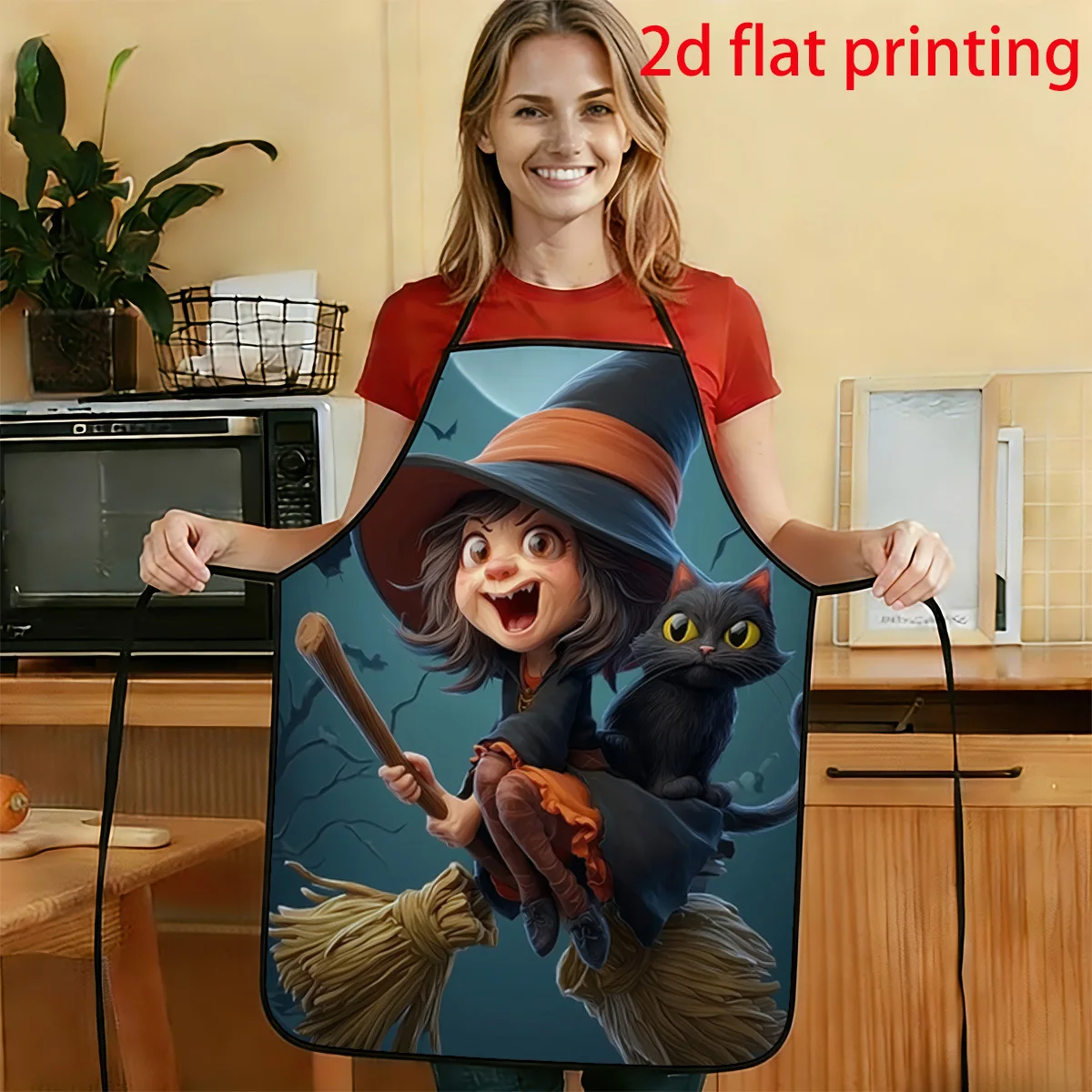 2D Flat Little Witch And Black Cat Night Flight Pattern Apron Durable And Easy To Clean Adjustable Waist Belt 50x75cm 68x95cm