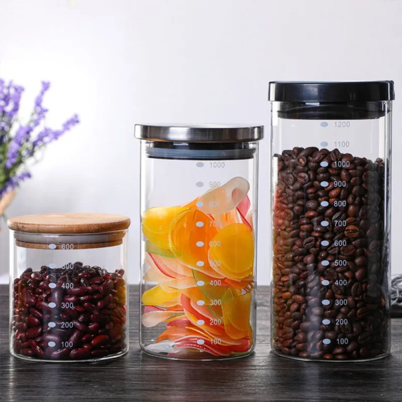 Round Sealed Glass Bottles Jar Tea Coffee Beans Transparent Storage Boxes Candy Snack Jar with Bamboo Lid 600/800/1000/1200ml