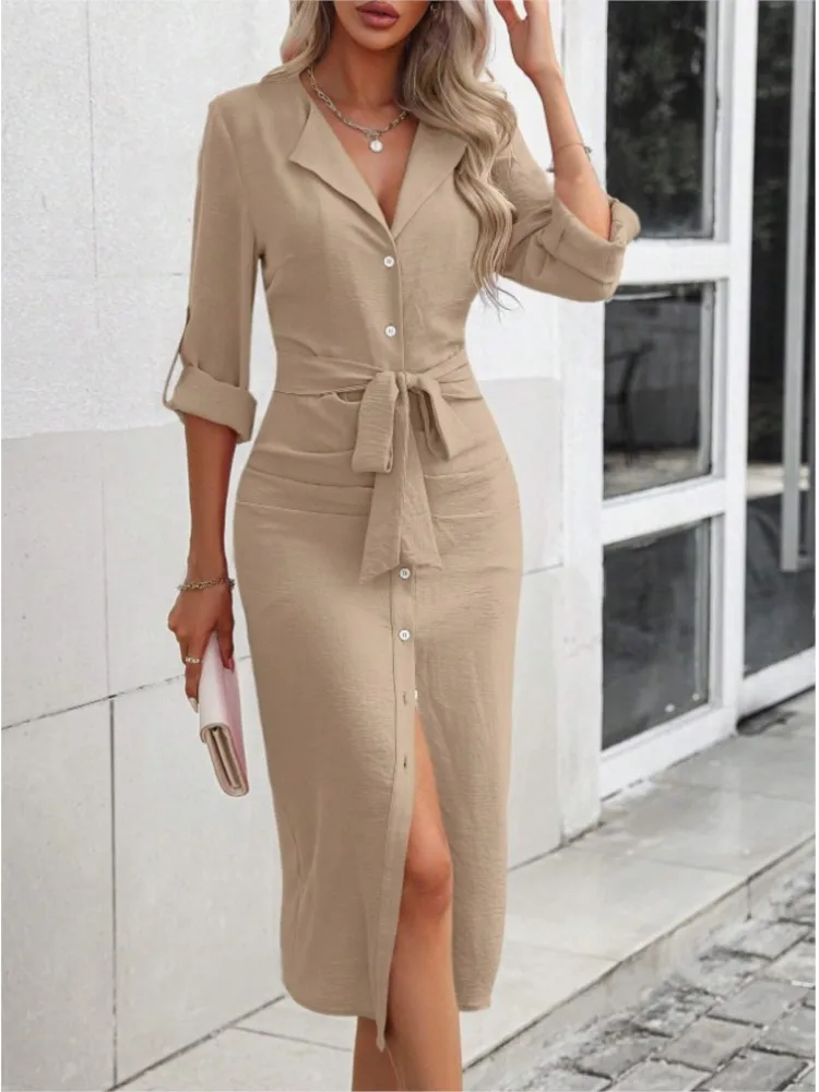 

Spring And Summer Simple Commuting Solid Color Dress Women's Temperament Elegant Casual Lapel Waist Tie Temperament Split Dress