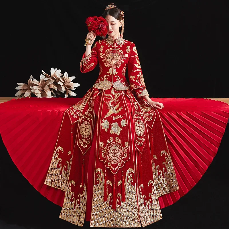 Xiuhe  Chinese Bridal Clothing Wedding Dress Toasting  Dragon Phoenix Jacket Women's Summer Wedding Clothing