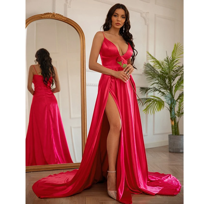 A-Line Satin Prom Dresses Side Split Women Sexy Deep V-Neck Robe Fashion Celebrity Evening Gowns Cocktail 2023 Vestidos De Noche