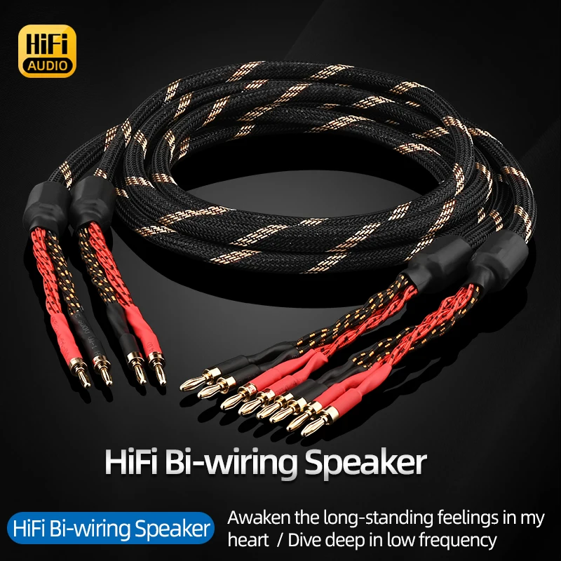 One Pair Hi-Fi Bi-wiring Speaker Cable with Banana Plugs Oxygen-Free Copper for Speakers Amplifiers and Tube Amplifiers