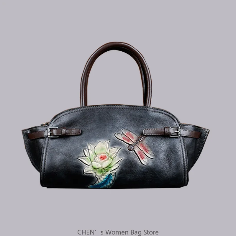 

Floral Genuine Leather Handbag Women Vintage First Layer Cow Leather Tote Bag 2025 Fashion Ladies Shoulder Messenger Bags