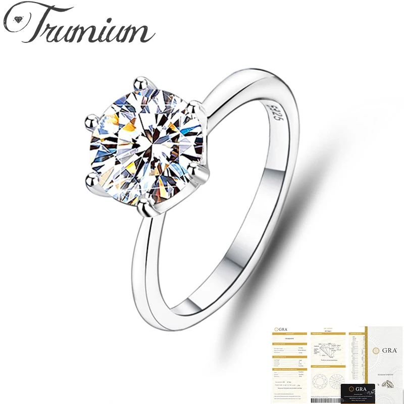 

Trumium 2ct D Color Moissanite Diamond Rings for Women S925 Sterling Silver Classic Six Claw Temperament Ring Wholesale