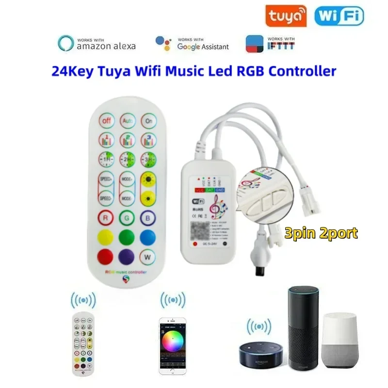 24Key 3Pin 2port Tuya Wifi Music Led RGBIC Controller 5-24V Music Sync Contoller Smart Life APP Party Light Dimmer for Led Light