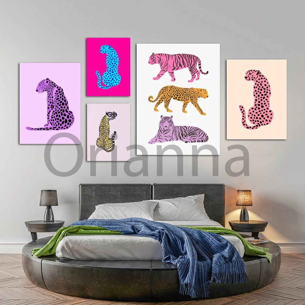 Canvas Painting Wall Art Blue And Pink Cheetah Poster Modern Watercolor Home Decor Print Nordic Modular Picture For Living Room