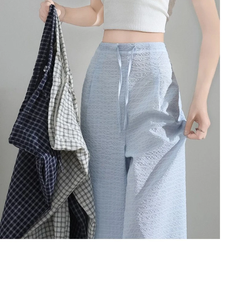 

Винтажные повседневные брюки в клетку с повязками, женские летние брюки 2024, прямые универсальные длинные брюки с высокой талией, повседневные шикарные спортивные штаны