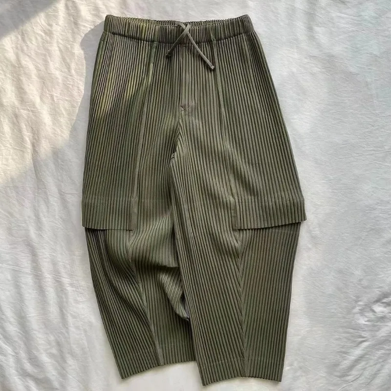 Miyake Original Pleated Work Pants 2025 Spring Summer New Pleated Men's Military Green Fold Pants Men's Casual Loose Japanese
