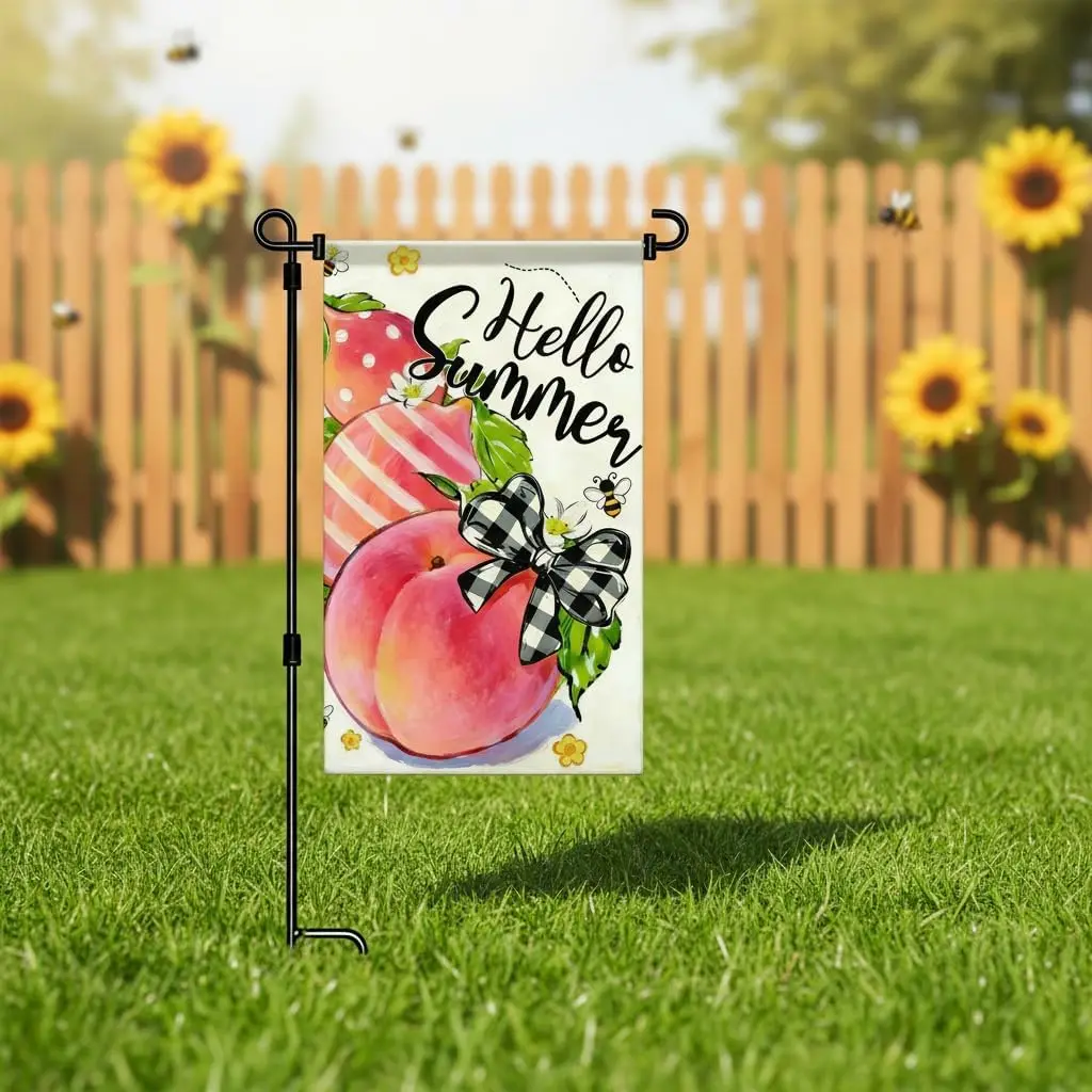12x18Inch Hello Summer Peach Garden Flag, Watercolor Fruit & Buffalo Plaid Bow Banner, 3-Layer Knitted Polyester Double  IIC