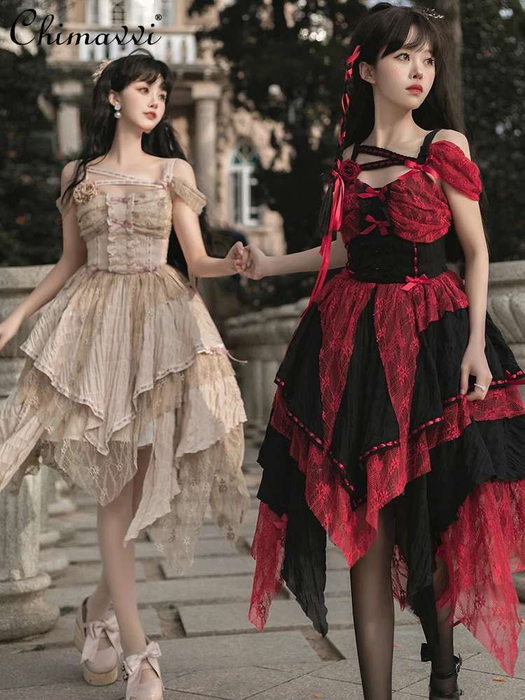 Originele Halloween Retro Lolita Jsk Jurk Sexy Meisjes Womens Rose Bow Slanke Onregelmatige Jurken Goth Subcultuur Off-Shoulder Jurk