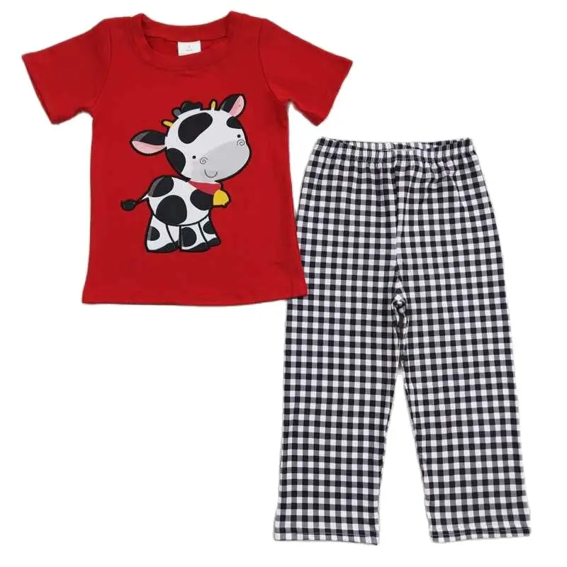 

Boys Embroidered Cow Red Short Sleeve Check Pants Set