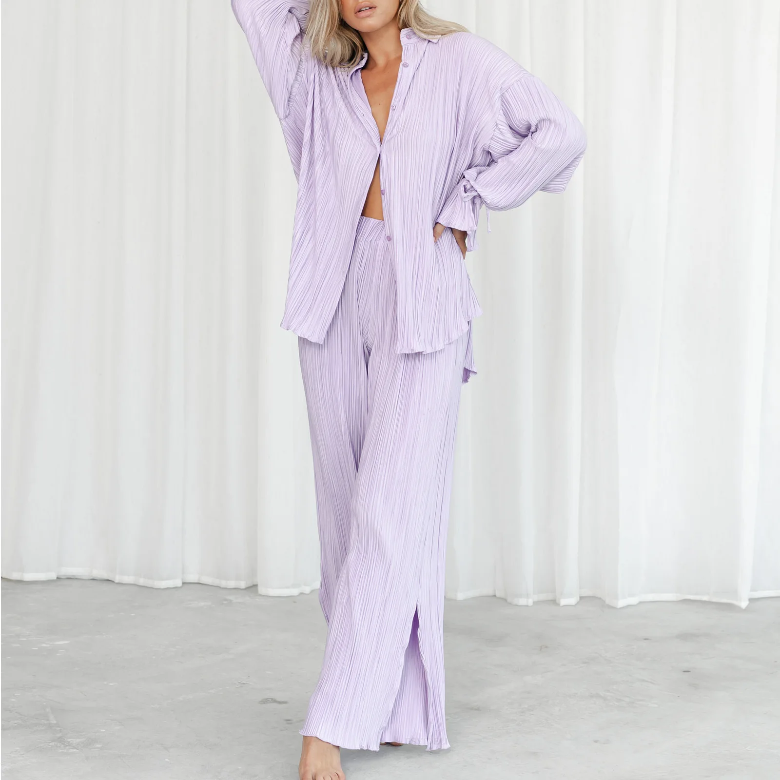 Women's Dresses Autumn New Fashion Suit Pleated Shirt Long Sleeve Split Pajamas Two-piece Set for Women