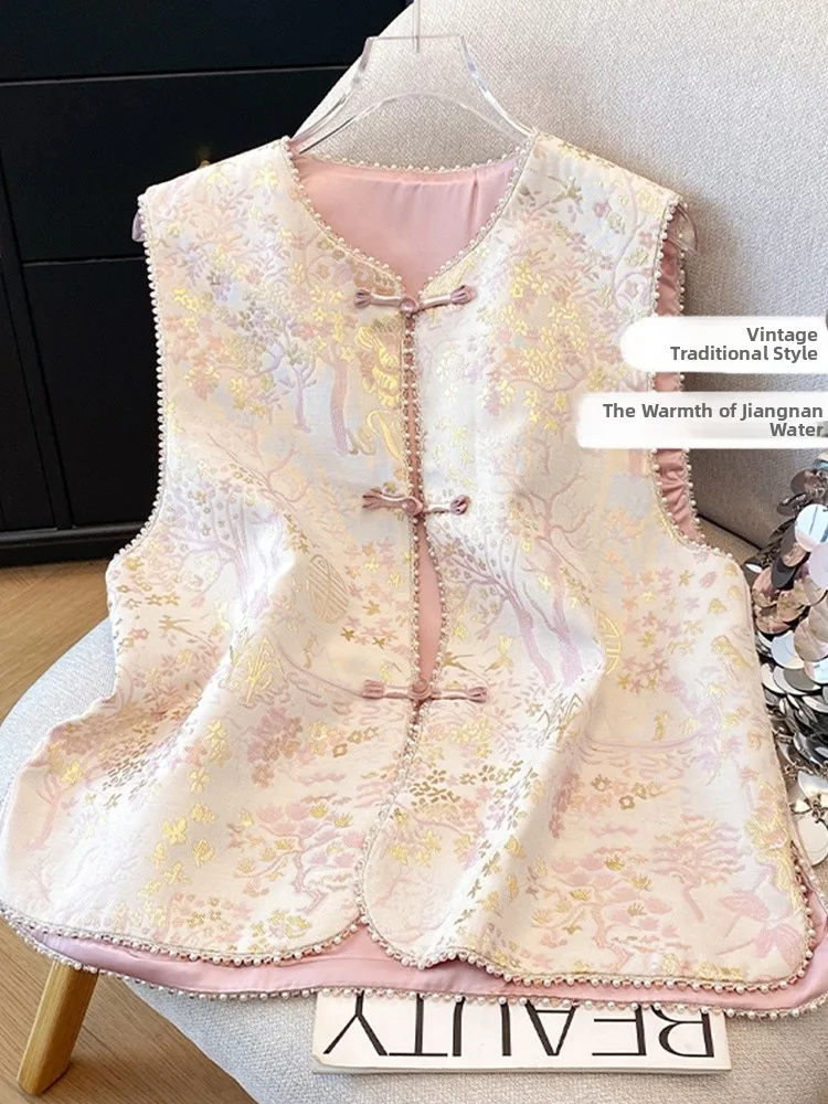 

Новый атласный женский жилет в китайском стиле с тяжелой вышивкой, весна 2024, высококачественный национальный костюм Тан на пуговицах, топ с плечами