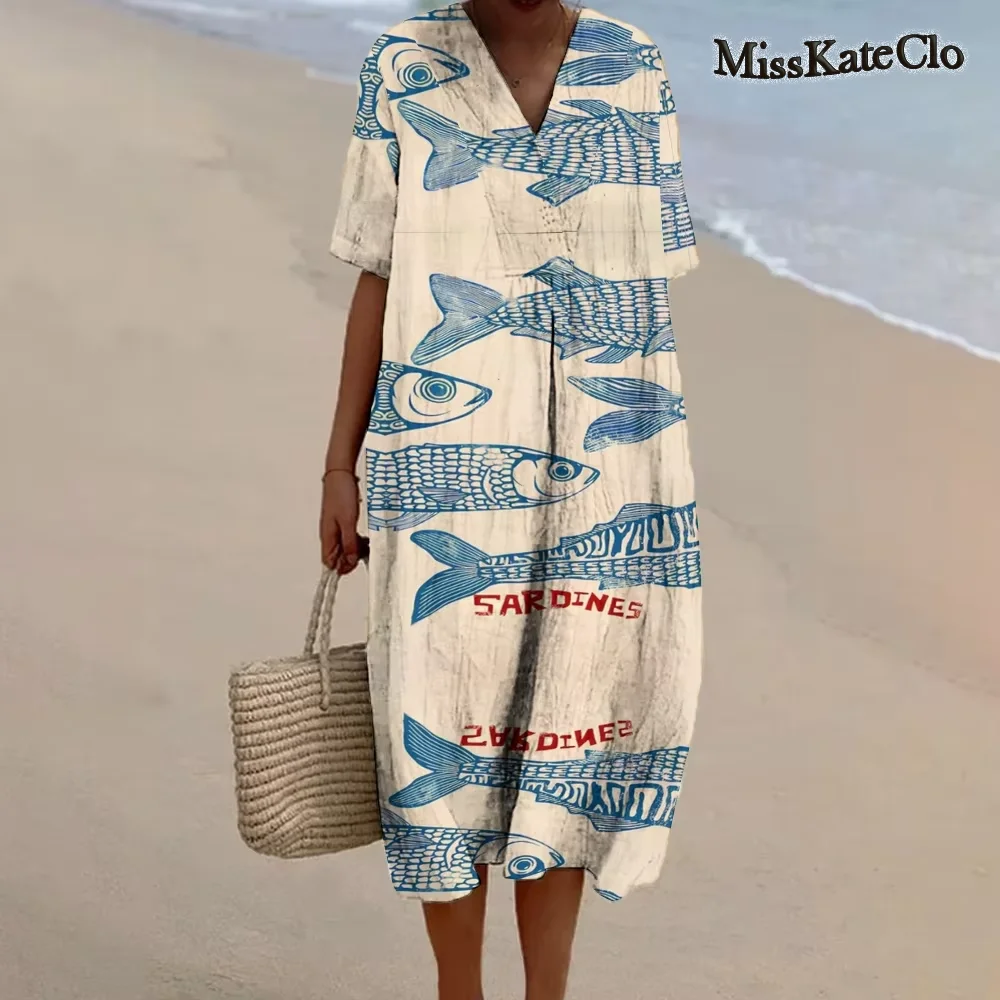 

Women's Sardine Print Beach Dress Sardines Lover Skirt Summer Seaside Sardine Pattern Wears Beach Vacation Long Dress