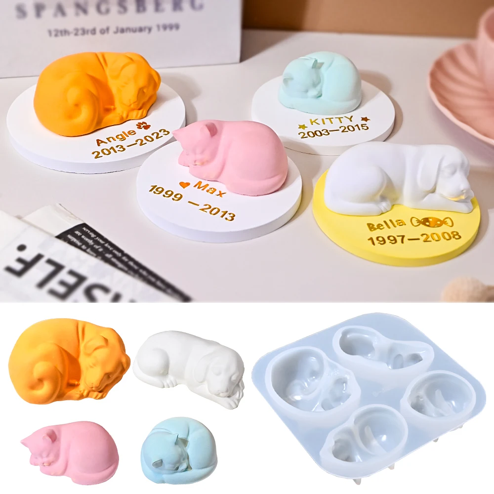 S0201 Sleeping Dog and Cat Molde de Resina Animal Memorial Statue Molds for Preserving Pet Hairs Ashes Forma de Silicone for DIY