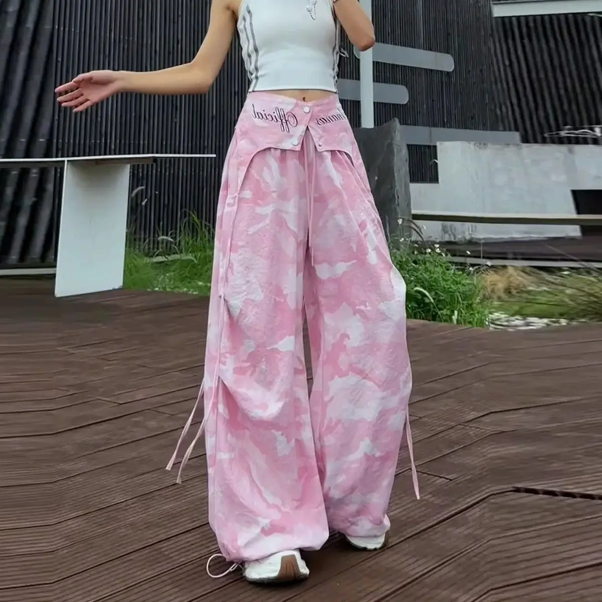 Y2K Sweet Pink Camo Baggy Pants Women High Waist Folded Waist Letter Embroidery Drawstring Wide Leg Street Cargo Trousers