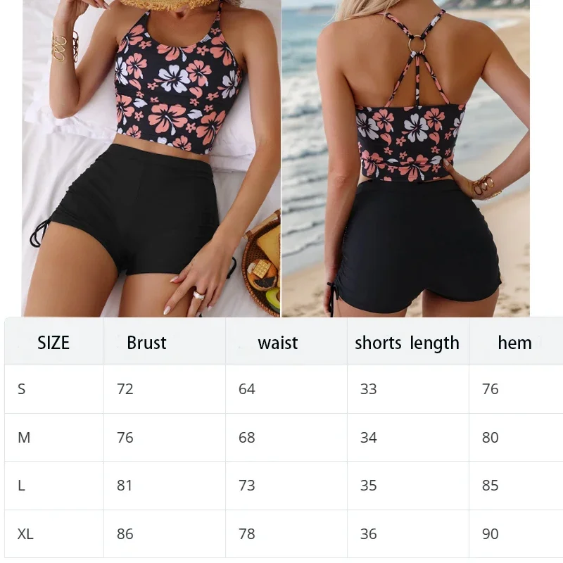 Conjunto de Tankini con estampado de flores para mujer, traje de baño con Tirantes ajustables, chaleco, sujetador, pantalones cortos de flores, Bikini con cordón, conjunto de playa