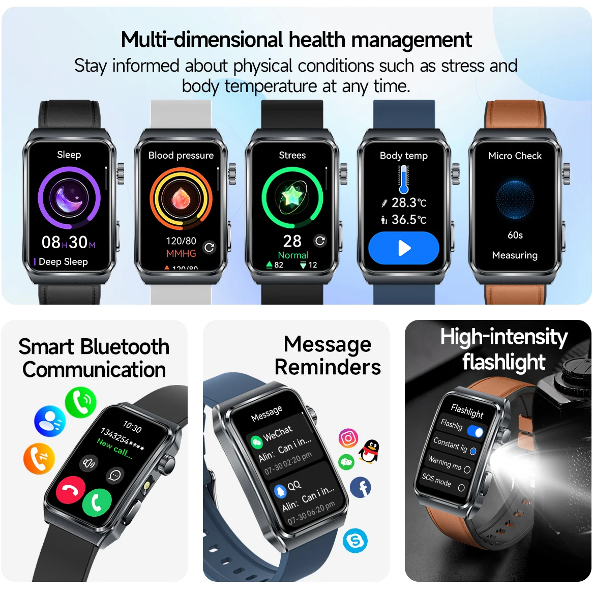 Fashion Uric Acid Smart Watch Ladies Message Push Blood Pressure flashlight Sports Bracelet Waterproof Smartwatch for Women Men