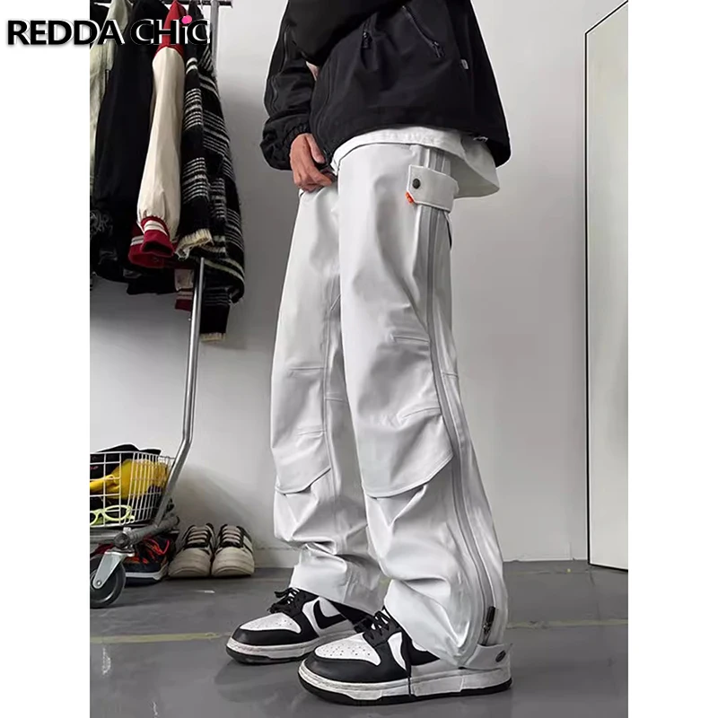 REDDACHIC Fleece-lined Wide Leg Sweatpants Men Skater Skier Waterproof Elastic Waist Zipper Split Cargo Pants Outdoor Workwear