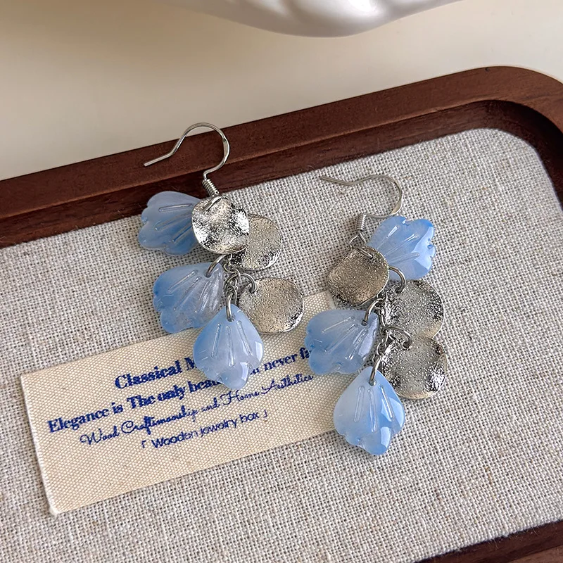 

Minar Korean Style Blue Gradient Color Resin Flower Petal Tassel Long Dangle Earrings for Women Silver Plated Iron Alloy Jewelry