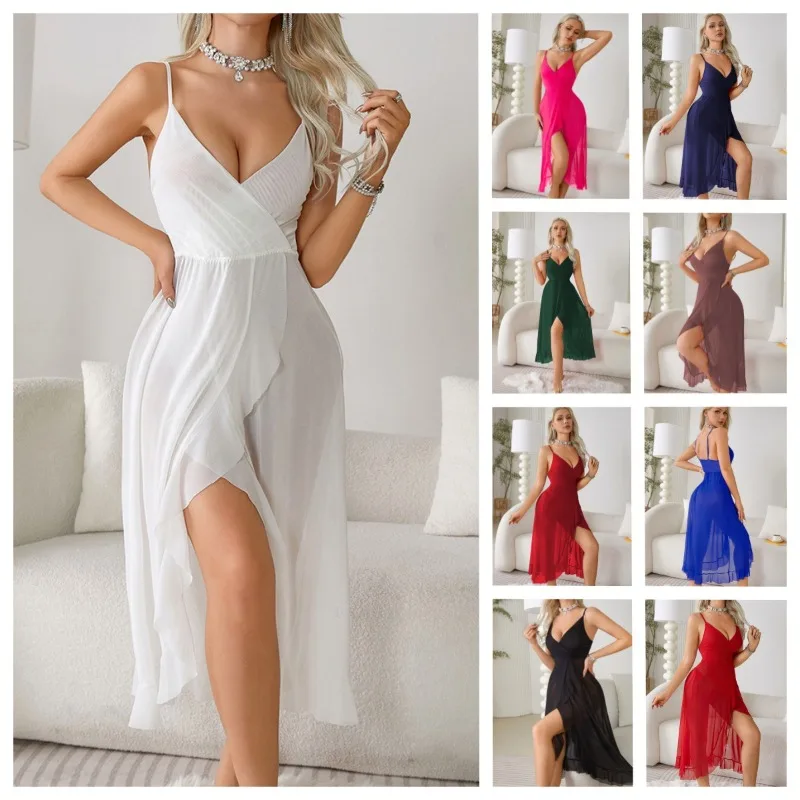 Wholesale Elegant Backless Sleeveless V Neck Split Fork Nightdress Attractive Sexy Suspender Skirt European American Markets