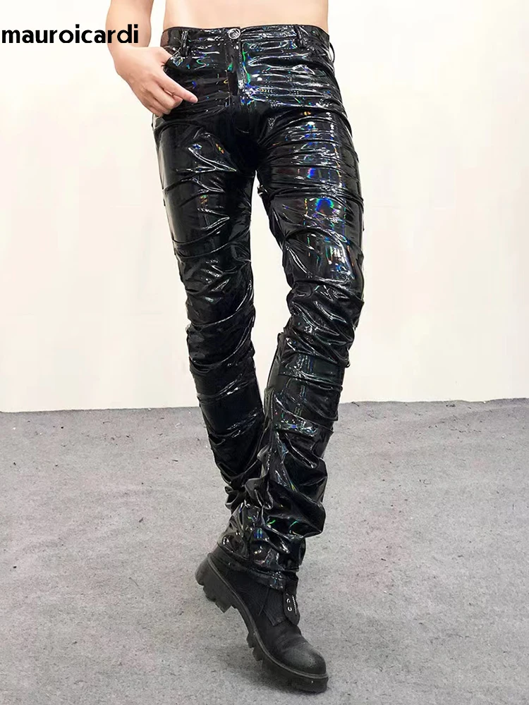 Mauroicardi Spring Autumn Long Cool Black Holographic Shiny Reflective Stretchy Soft PVC Faux Leather Stacked Pants for Men 2024