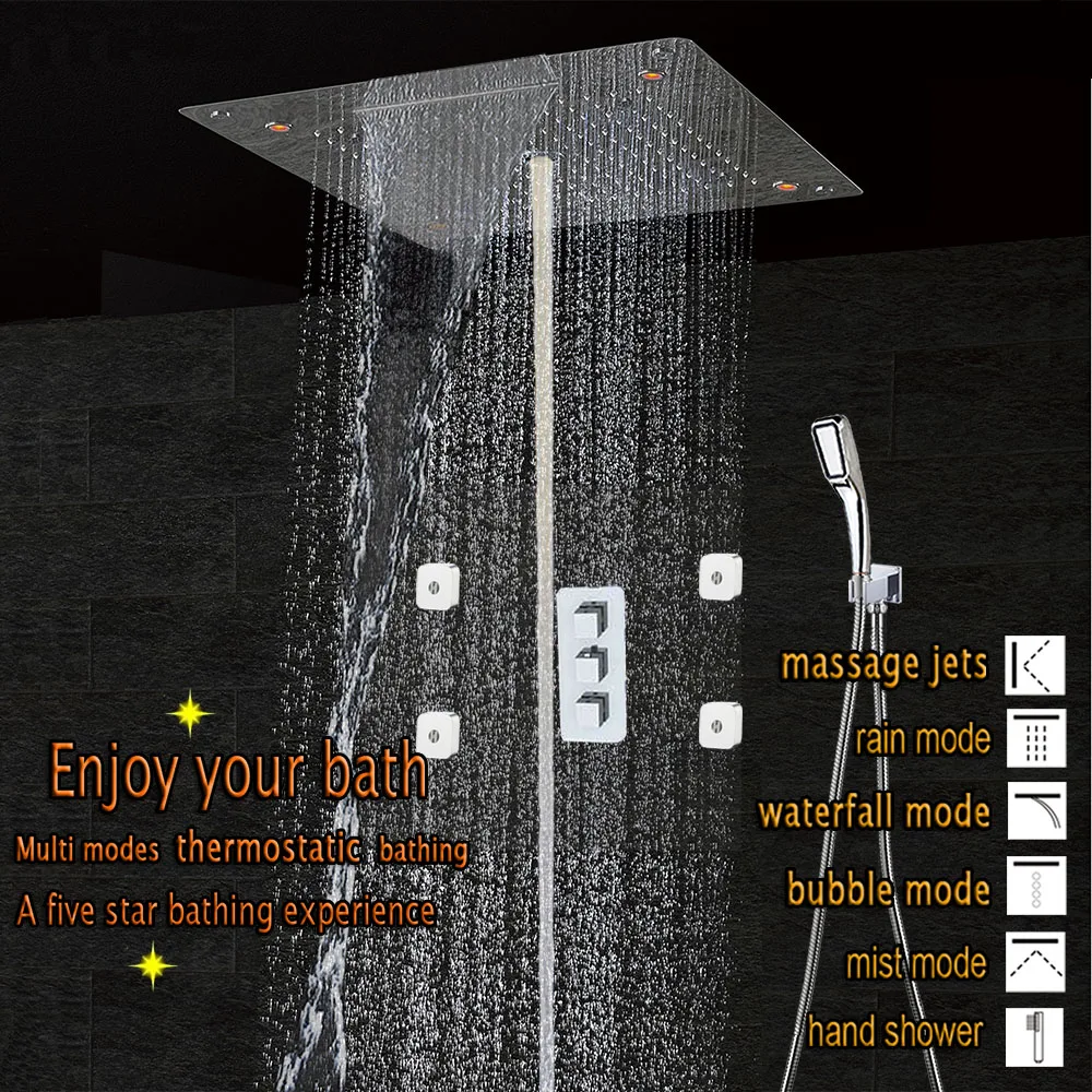 Concealed Thermostatic Complete Shower System Faucet Mixer Bathroom LED Ceiling Shower Head Waterfall Rainfall Wall Mist SPA