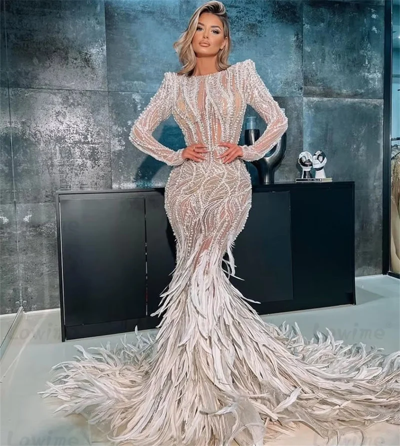 Glamorous Feathers Mermaid Evening Dress Dubai Arabic Formal Occasion Dresses Crystals Pearl Long Sleeve Prom Party Dress Gowns