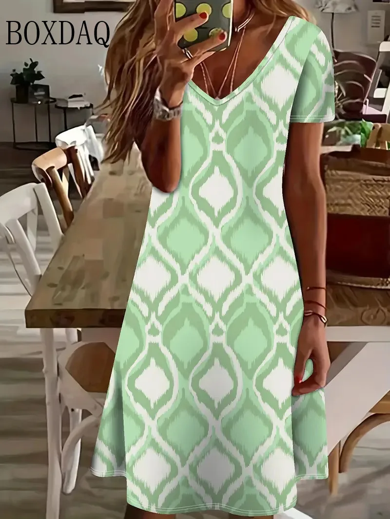 Vintage Boho Floral Print Women Dress 2025 Summer Casual V Neck Short Sleeve A Line Midi Dresses Beach Vacation Sundress Vestido