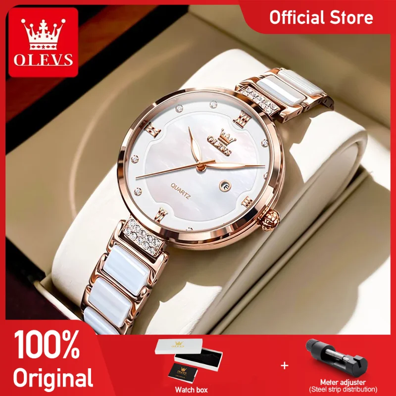 

OLEVS 5589, женские часы, элегантные кварцевые часы, керамический ремешок, водонепроницаемые светящиеся часы с датой для женщин, набор браслетов, оригинальная коробка