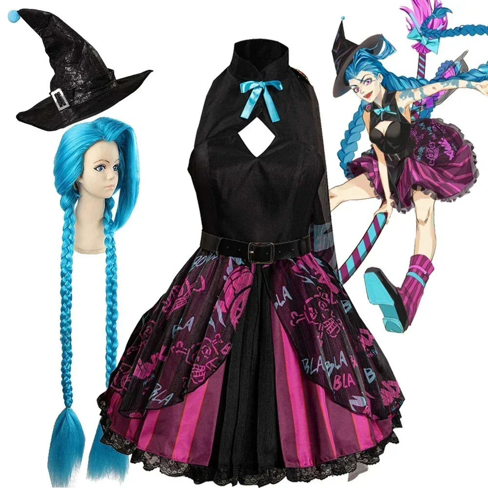 Anime Arcane Season 2 Jinx Cosplay Costumes Game LOL Role Dress Scarf Belt Hat Wig Lolita Skirt Women Comic Con Halloween Suits