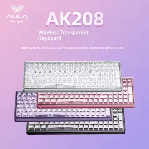 AULA AK208 Transparent Wireless Keyboard 2.4G 99 Keys Mechanical Feel Cool Lighting Office Gaming Transparent PC Ergonomic