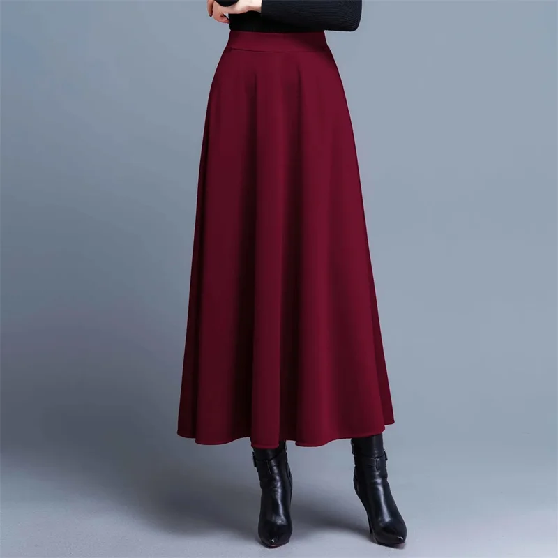 Spring Autumn Large Size A-Line Skirts Women Elastic High Waist Wine Red Black Long Skirt Female Casual Solid Color Maxi Skirts