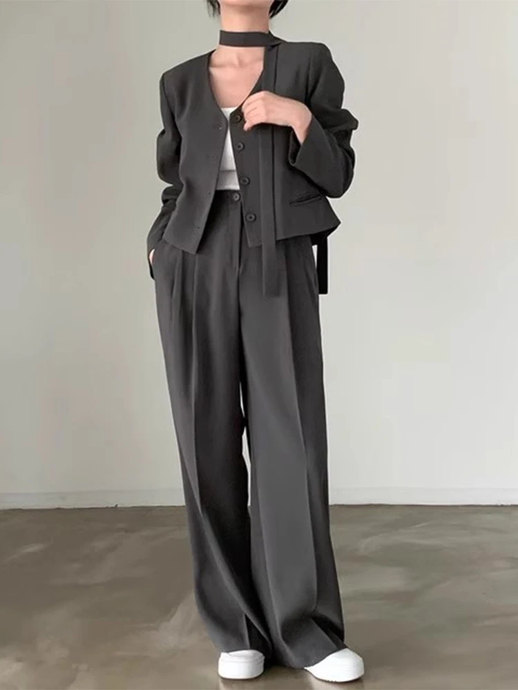 

SuperAen 2024 Korea Spring V-neck Versatile Suit Jacket High Waist Draping Casual Pants Two Pieces Sets