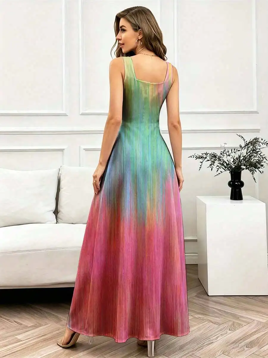 

Colorful Tie Dye Maxi Dress Square Neck Flowing Flare Casual Women