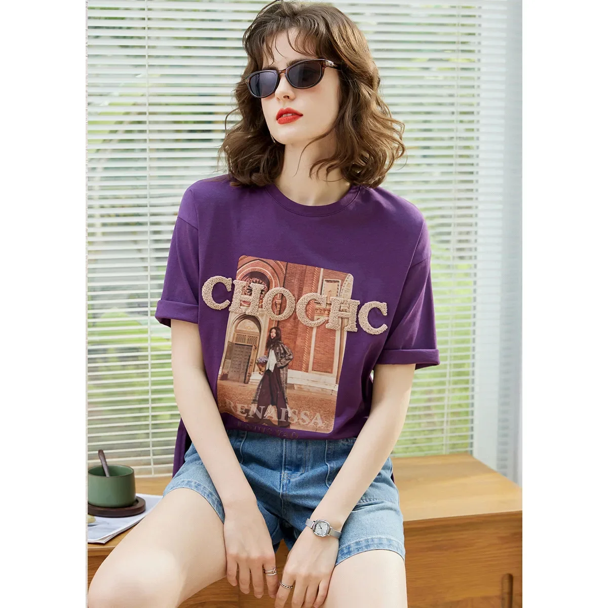 LOUIS YAO Women T-shirt 2024 Summer New 100% Cotton Tee O Neck Short Sleeve Print Casual Loose Pullover Top