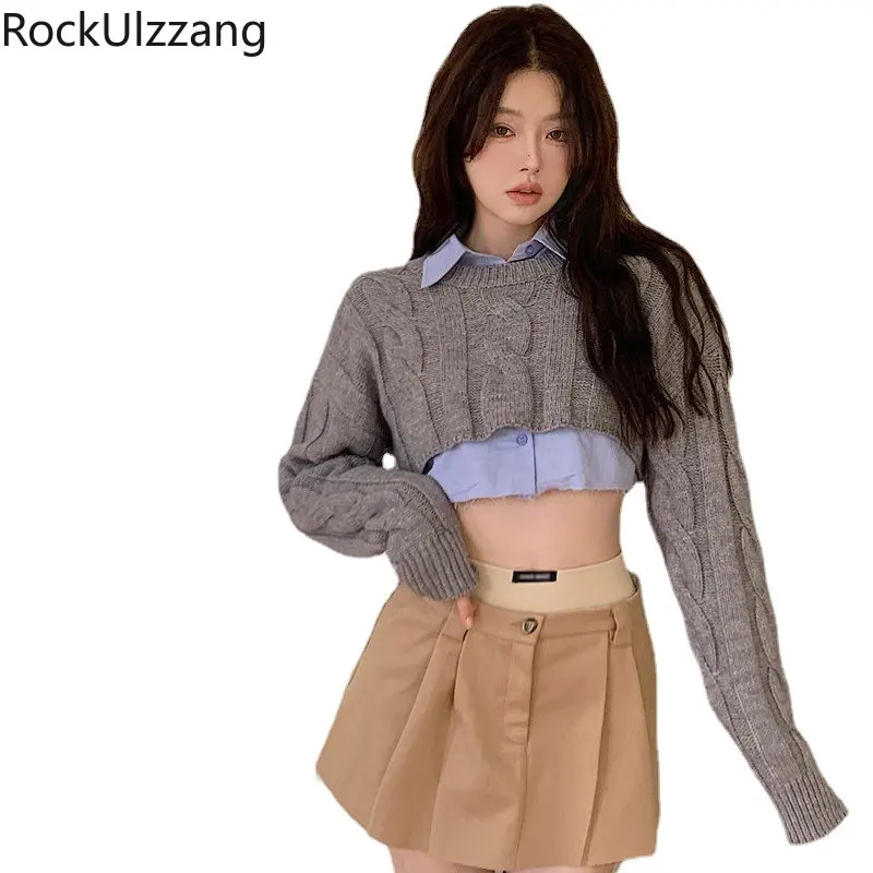 Two Piece Set Gray Sweater and Blue Crop Top Shirt,y2k sexy long sleeve pullover knit twist cropped women autumn 2022 fall slim