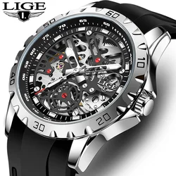 LIGE Luxury Men Watches Automatic Mechanical Wristwatch Skeleton Design Waterproof Silicone Strap Male Watch Reloj Hombre+Box