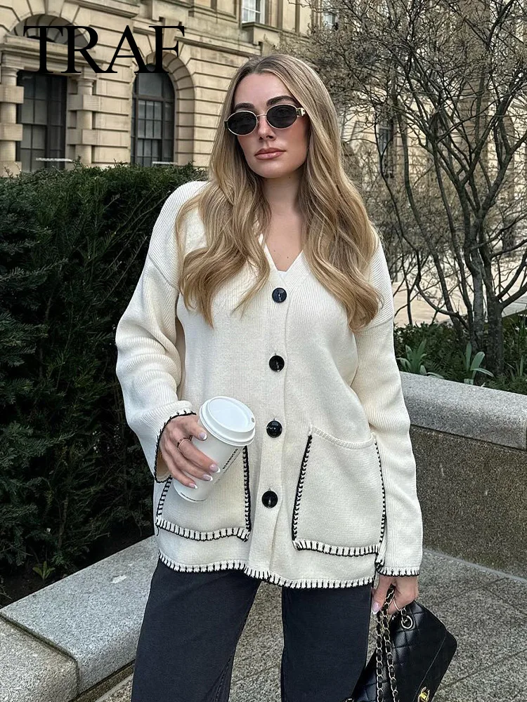 TRAF 2024 Spring Woman Casual Cardigan Solid V-Neck Long Sleeves Pocket Loose Single Breasted Sweater Wild Outerwear Female Coat