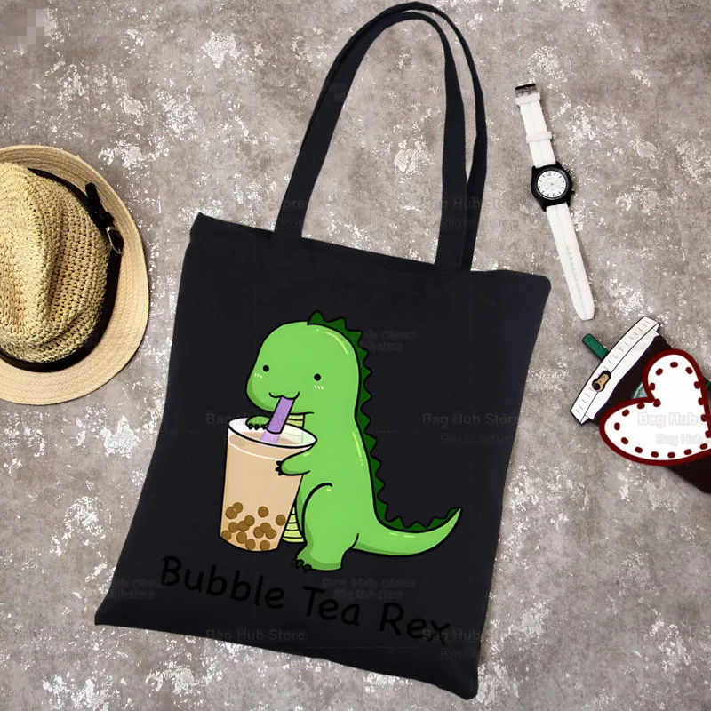 Boba Milk Tea Canvas Black Shopping Cartoon Cute Tote Bag Reusable Shoulder Bubble Tea Cloth Book Bag Gift Handbag