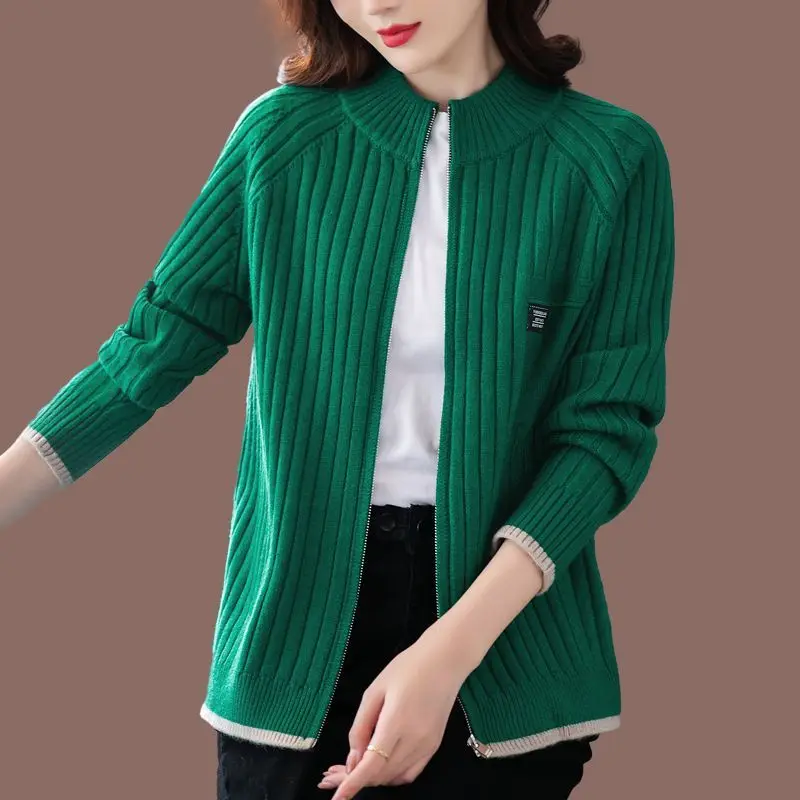 Simplicity Elegant Solid Office Lady Fashion Loose Casual Women\'s Clothing Zipper Screw Thread Long Sleeve Sweaters Cardigan