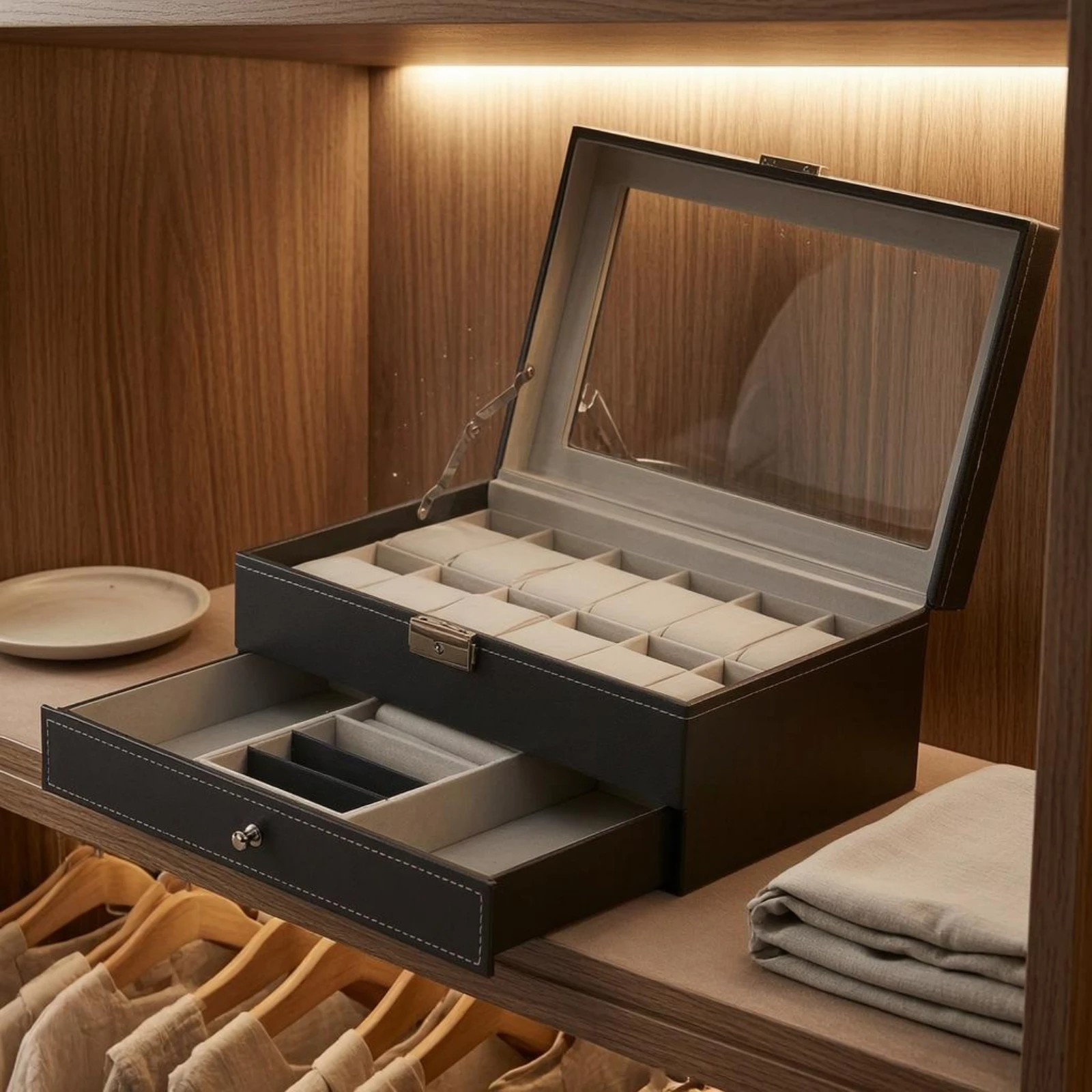 

PU Leather Jewelry Box Transparent Lid Double-Layer Jewelry Box Contrast Stitching Light Interior Light-Toned
