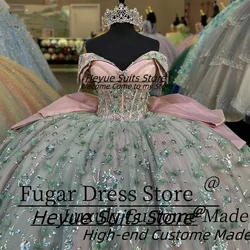 Gorgeous 3D Flowers Bow Quinceanera Dresses Ball Gown Off The Shoulder Sequined Lace Beading Sweet 15 Vestidos De XV Anos